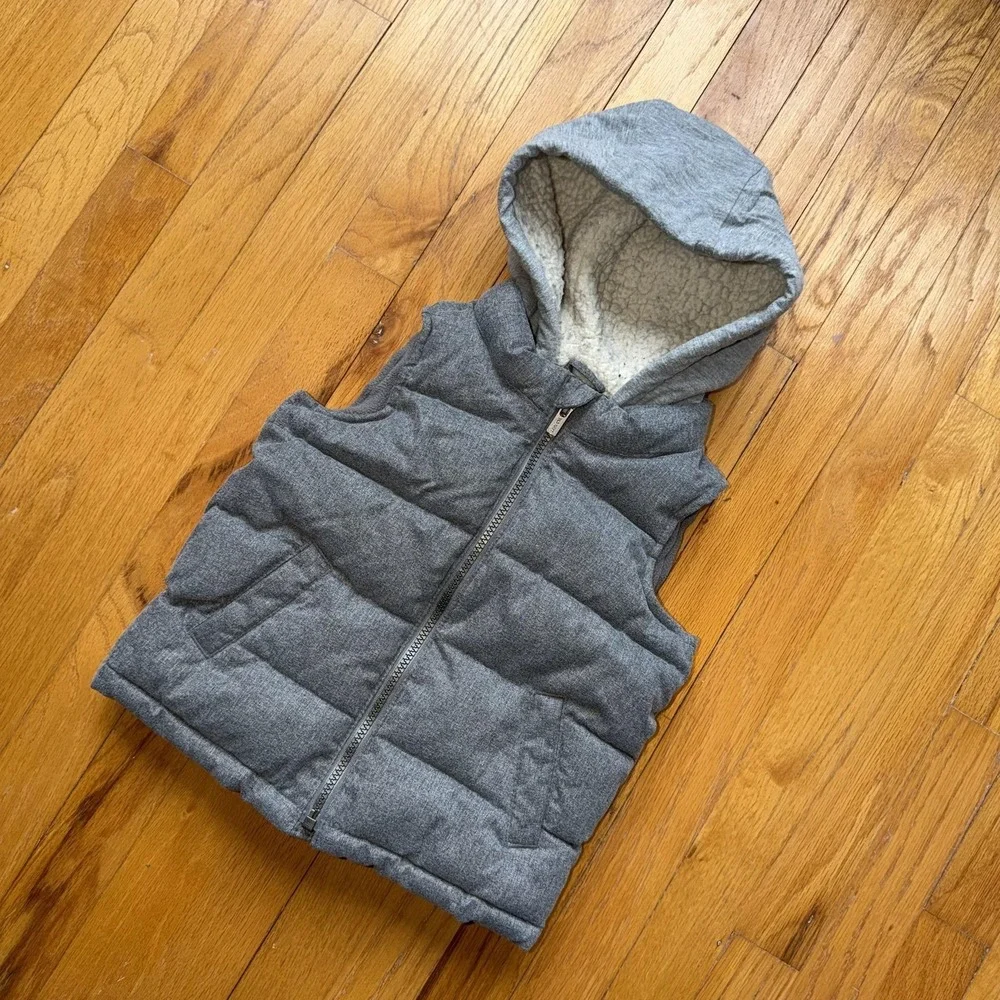 Old Navy Puffer Vest‎ Toddler 3T Gray Hooded Sherpa Lined Quilted Zip Warm